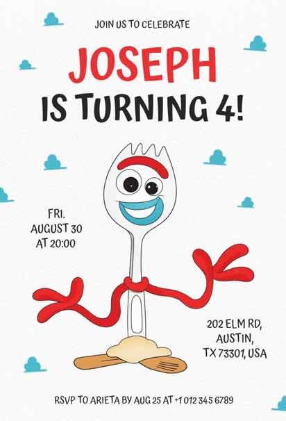 Colorful Forky-Themed 4th Birthday Invitation Template for Kids Featuring a Playful Design