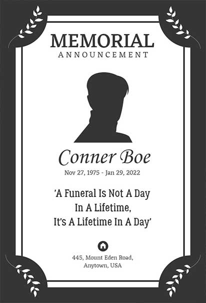 Timeless Memorial Announcement Design With a Classic Black and White Color Scheme and Elegant Typography