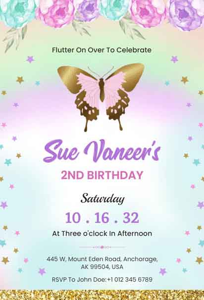 Colorful Butterfly 2nd Birthday Invitation Template with Playful Vibes