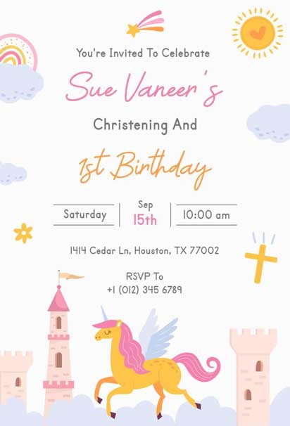 Colorful Illustration Unicorn 1st Birthday Party and Christening Invitation Template
