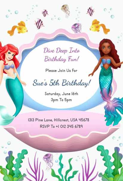 Colorful Mermaid-Themed 5th Birthday Celebration Invitation with a Fun and Whimsical Design