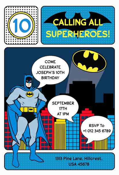 Comic-Style Batman 10th Birthday Party Invitation Template, showcasing a bold and dynamic design 