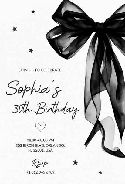 Coquette Black-Themed 30th Birthday Party Invitation with a Chic and Elegant Design