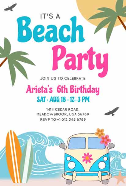 Cream and Blue Beach Party Birthday Celebration Invitation Template, with a coastal theme