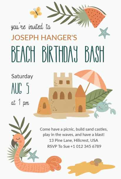 Cream and Green Beach Birthday Bash Invitation Template, perfect for a laid-back beach celebration