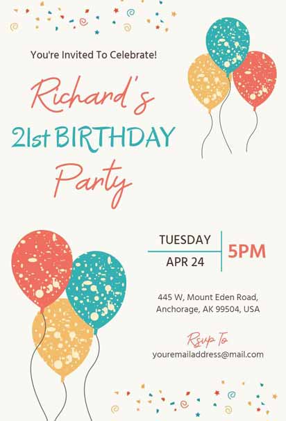 Creative 21st Birthday Party Invitation with a Unique and Festive Design