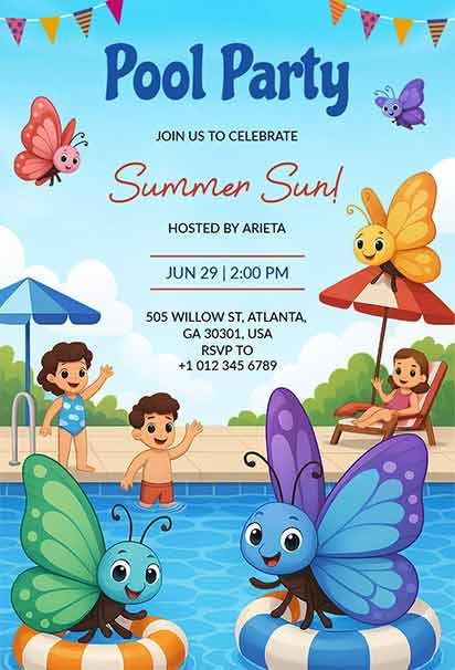 Adorable Kids’ Summer Pool Party Design Featuring Colorful Butterflies, Balloons, and Playful Elements