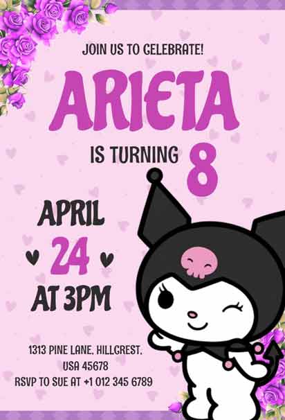 Cute Kuromi Character 8th Birthday Party Invitation Template with Fun and Playful Design