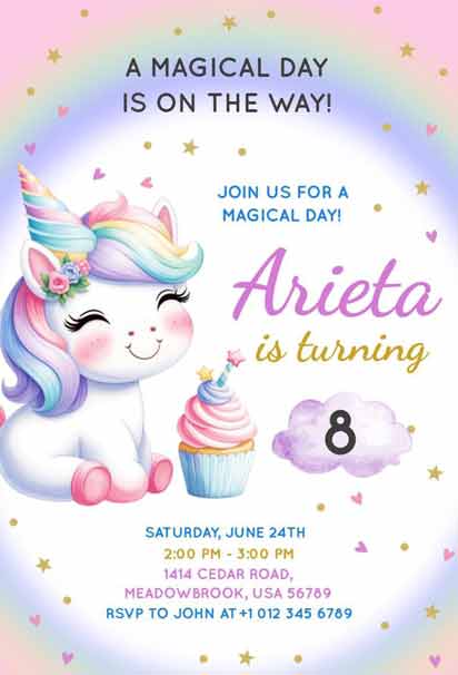 Cute Unicorn 8th Birthday Invitation Template with Magical Vibes