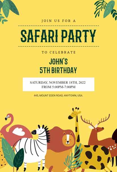 Dandelion Jungle Safari Birthday Invitation with Bright Colors and Fun Wildlife Illustrations
