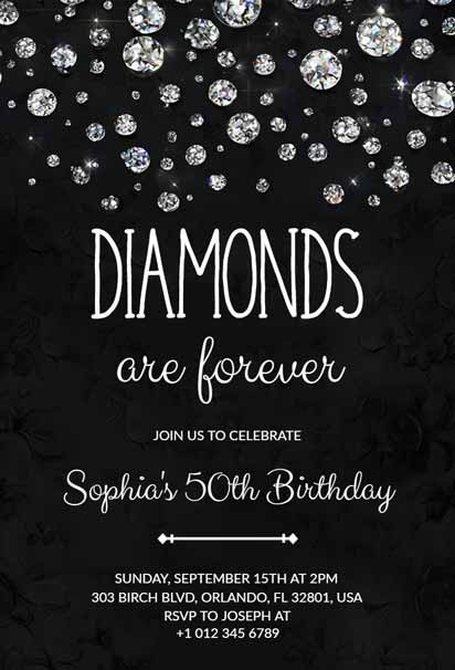 Diamonds-Themed 50th Birthday Party Invitation with a Glamorous and Elegant Design