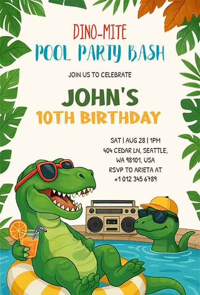 Cute Dinosaur-Themed Tropical Pool Party Invitation with Bright Colors and Playful Summer Elements