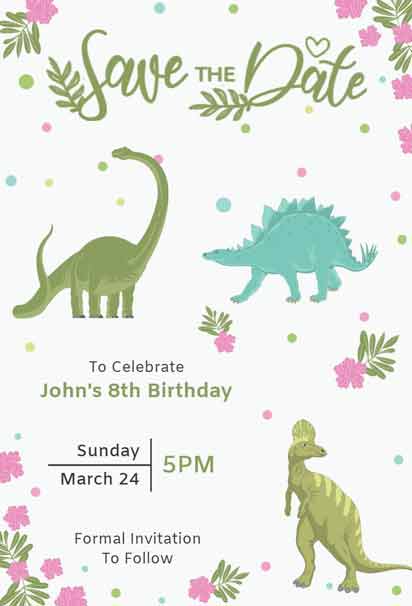 Dinosaur-Themed Save the Date 8th Birthday Invitation with a Fun and Prehistoric Design