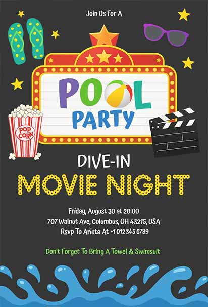 Dive-In Movie Night Pool Party Invitation with Starry Sky and Floating Cinema Screen Design