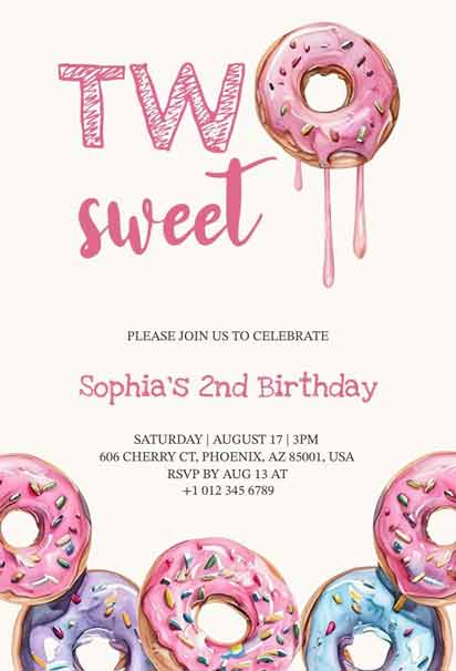 Donut Sweet Two Birthday Celebration Invitation Template with a fun, vibrant donut-themed design