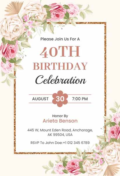 Elegant 40th Birthday Celebration Invitation Template with Sophisticated Design and Stylish Accents