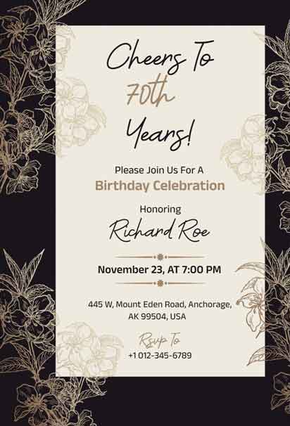 70th Birthday Invitation with Golden Leaves Design and an Elegant Touch