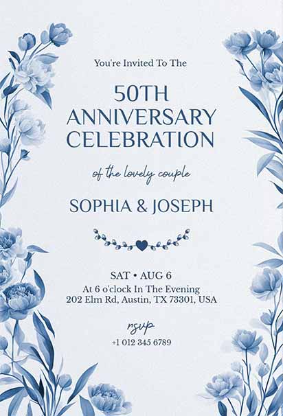 Elegant 50th Anniversary Invitation With Blue Floral Accents and Sophisticated Classic Layout