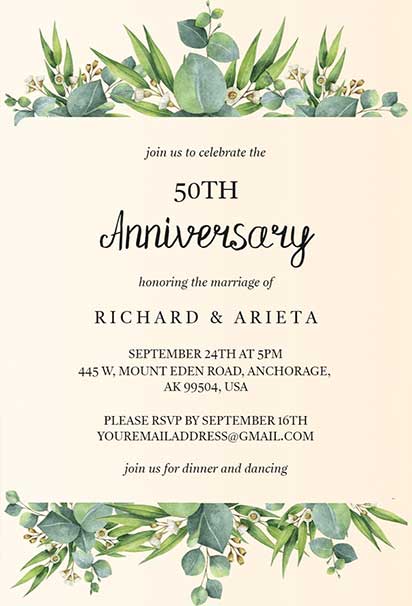 Elegant 50th Anniversary Invitation With Eucalyptus Greenery Accents and Sophisticated Minimalist Layout