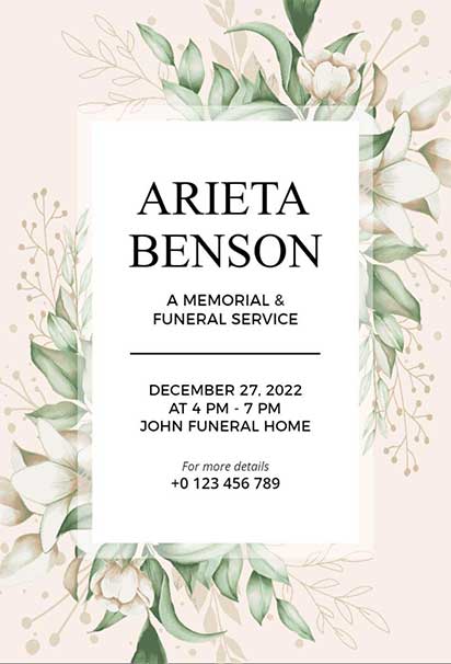 Funeral Invitation Design With Soft Blush and Green Floral Accents and a Gentle, Elegant Feel