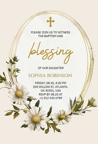 Elegant Gold Cross Baptism Invitation with White Daisy Florals on Soft Pastel Background