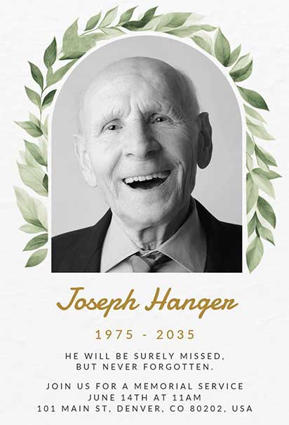 Graceful Funeral Invitation Design With Lush Greenery and a Serene, Minimalist Layout