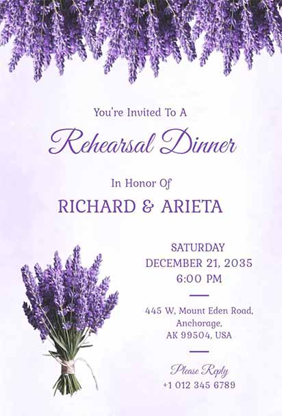 Elegant Rehearsal Dinner Design With Lavender Blossoms and Soft Romantic Floral Accents