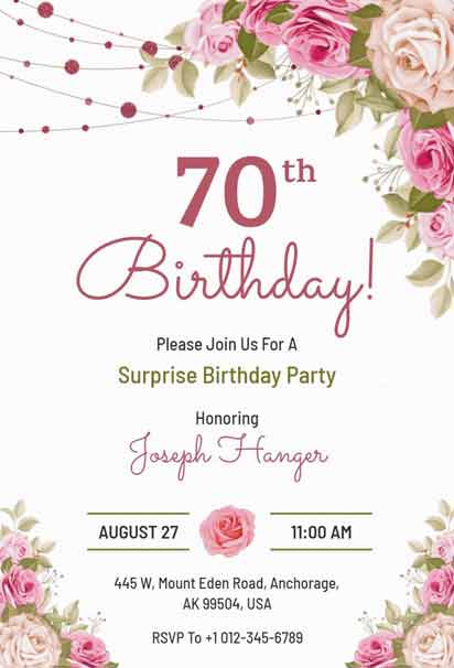 Floral 70th Birthday Announcement Party Invitation with a Graceful and Timeless Design
