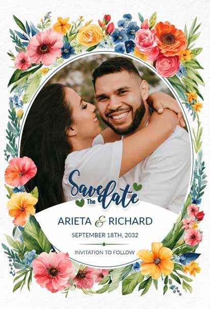 Floral Border Photo Save the Date Wedding Card with a Romantic and Elegant Design