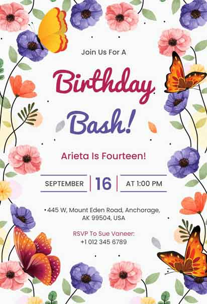 Floral Butterfly 14th Birthday Bash Invitation Template with Elegant Garden Charm