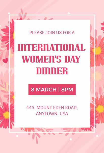 Floral International Women's Day Dinner Party Pink Invitation Template with delicate floral accents 