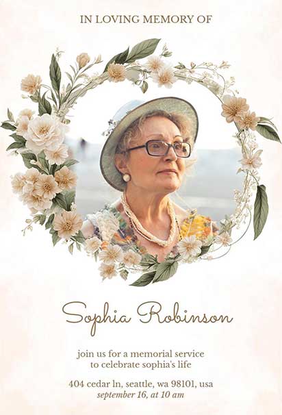 Peaceful Funeral Invitation Design With a Pastel Floral Wreath and Gentle, Comforting Aesthetic