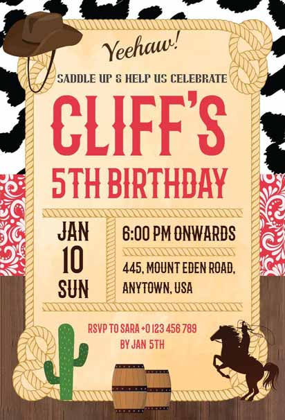 Flush Mahogany and Roman Coffee Cowboy Birthday Invitation Template with rustic western charm