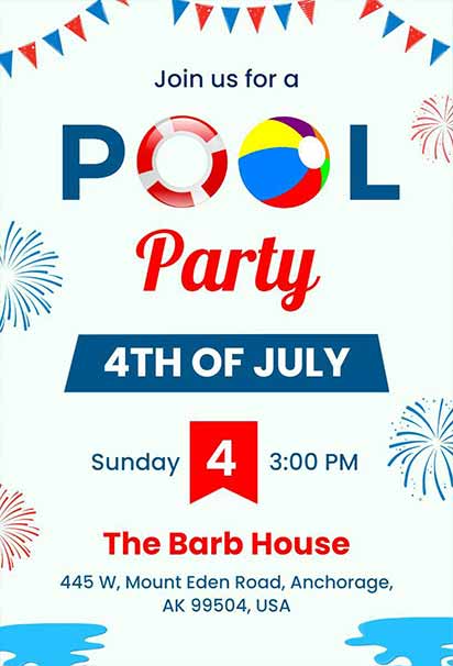 Fourth of July Patriotic Pool Party Invitation with Stars, Stripes, and Festive Summer Theme