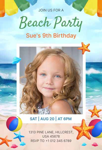 Fun Beach Party 9th Birthday Invitation Template for Kids with Photo