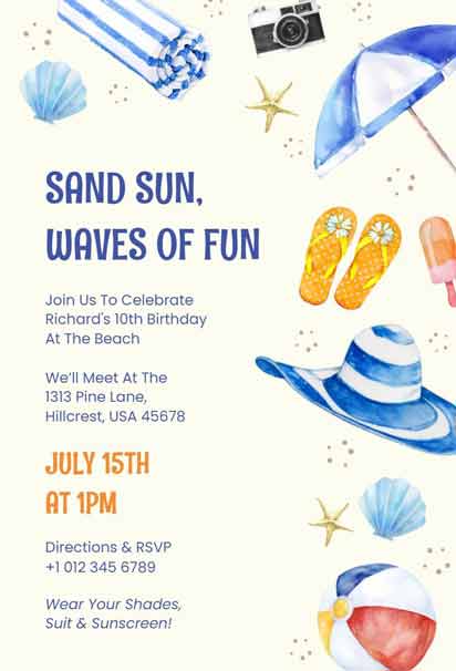 Fun in the Sun 10th Beach Birthday Invitation Template, perfect for a vibrant and playful beach-themed birthday celebration
