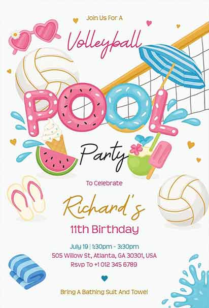 Energetic Pool Party Design Featuring Volleyball, Tropical Accents, and Bright Summer Colors