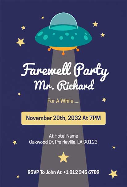Futuristic Farewell Party Design With UFO, Stars, and a Playful Outer Space Theme