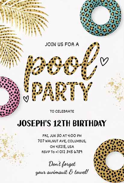 Stylish Birthday Pool Party Design With Glamorous Cheetah Print, Tropical Accents, and Bright Colors
