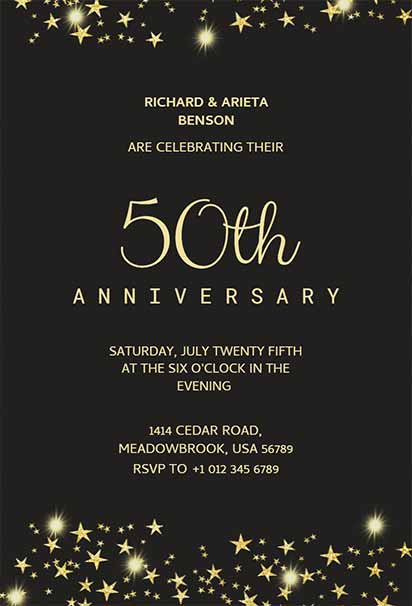 Glamorous 50th Anniversary Invitation With Black and Gold Starry Accents and Elegant Luxurious Design