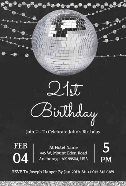 Glitter Black and Silver 21st Birthday Invitation with a Glamorous and Stylish Design