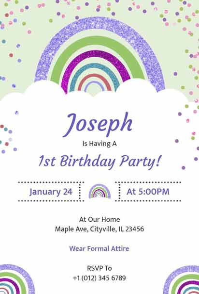 Glitter Rainbow 1st Birthday Party Invitation Template With Sparkling Design Elements And Vibrant Colors