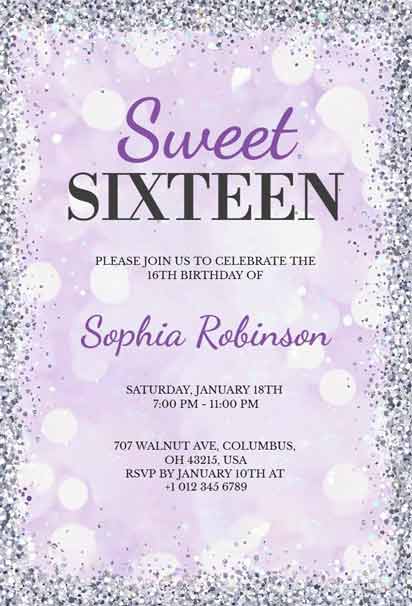 Glitter Sweet Sixteen Purple Birthday Invitation Template for a Sparkling Celebration