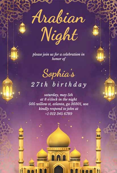 Gold Arabian Night Purple Birthday Invitation Template for an Exotic Celebration