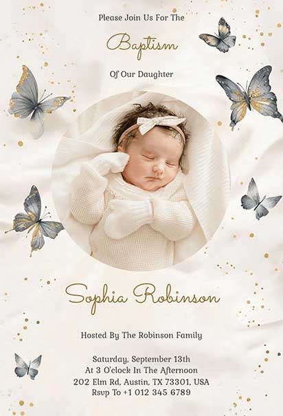 Golden Butterfly Baptism Invitation with Baby Girl Photo and Elegant Floral Accents