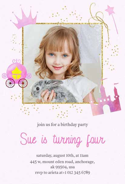 Golden Glitter Princess 4th Birthday Invitation Template with Sparkling Design