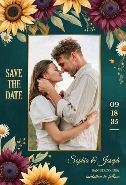 Green Background Floral Photo Save the Date Wedding Invitation with a Fresh and Elegant Design
