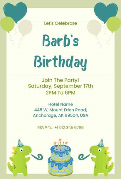Green Dinosaur-Themed Birthday Invitation with a Fun and Prehistoric Design