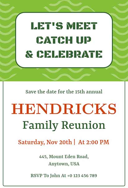 Stylish Family Reunion Design With Flowing Green Wave Patterns and a Fresh, Modern Look