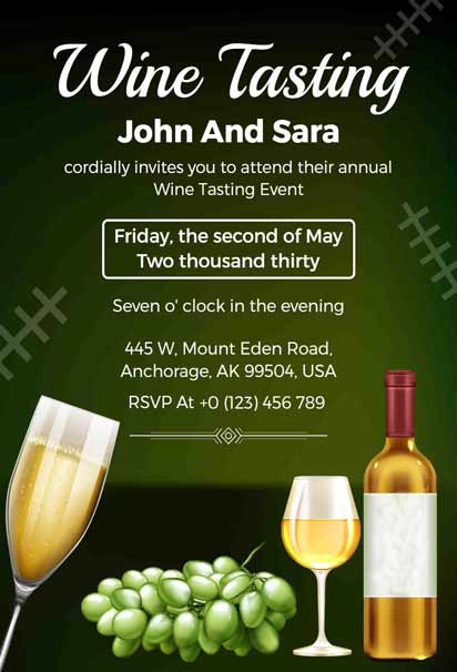 Stylish Green Wine Tasting Invitation Template Featuring a Sophisticated Grapevine Design